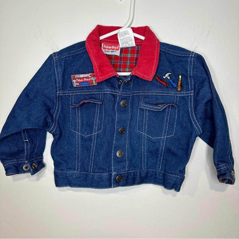 Vintage 90s Toddler Boy Fisher Price Baby Wear Denim Jean Jacket corduroy collar